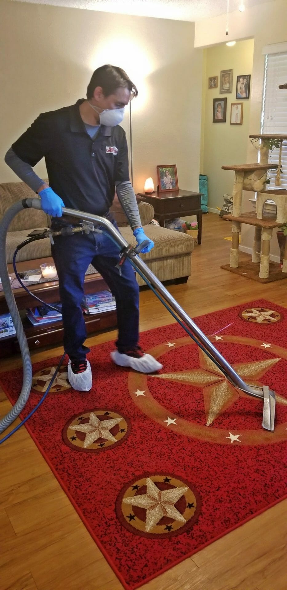 Absolute Carpet & Tile technician steam cleaning a Texas star area rug in an Austin home
