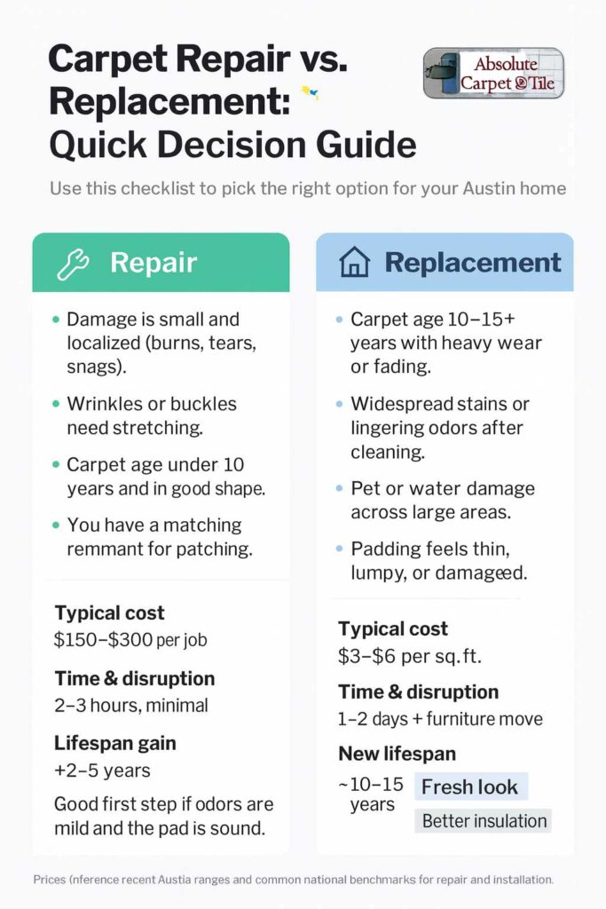Carpet Repair vs. Replacement infographic