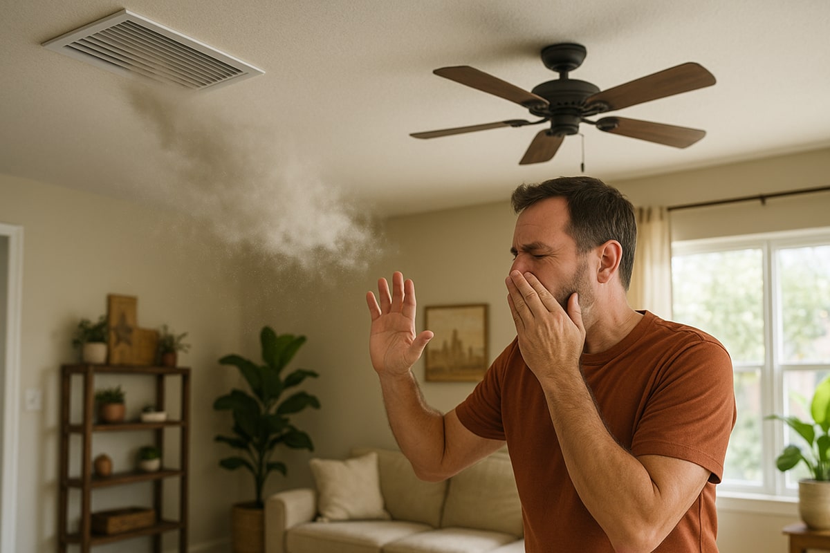 A homeowner in Austin, Texas covers his face as dust blows from an air vent inside a bright living room, illustrating the need for professional air duct cleaning and HVAC maintenance.