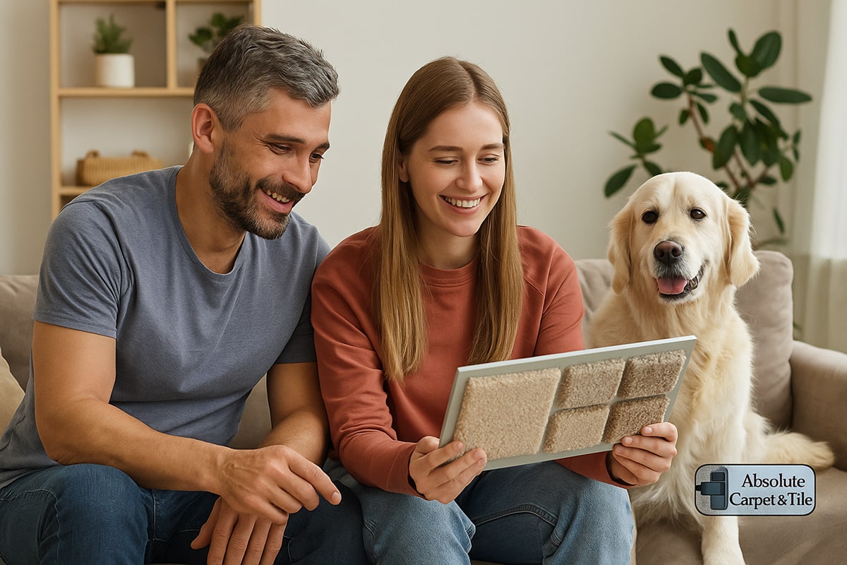 A couple sitting on their living room sofa with their golden retriever dog, smiling as they review carpet swatches together. The image represents pet-friendly carpet solutions for Austin homes, conveying comfort, warmth, and family-friendly flooring choices.
