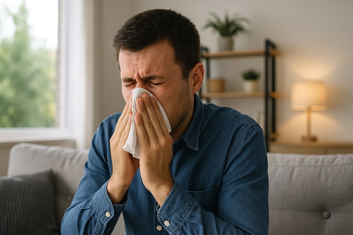 Young Austin homeowner sitting in a living room during allergy season, holding tissues while sneezing, with sunlight highlighting carpeted floors that can trap pollen and dust.