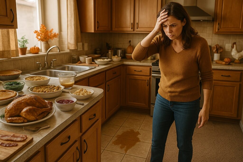A homeowner in an Austin kitchen looking stressed while preparing Thanksgiving dinner, surrounded by food and clutter. A gravy spill near the carpet highlights the need for pre-holiday carpet cleaning and stain removal.