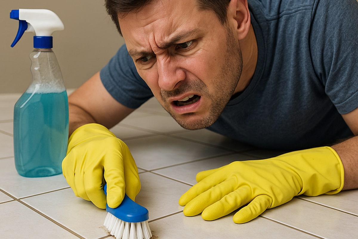 A homeowner on hands and knees scrubbing a stained tile floor with a small brush and household cleaner, showing frustration and exhaustion. The grout remains visibly dirty, highlighting the struggle of DIY cleaning compared to professional tile cleaning results in Austin homes.