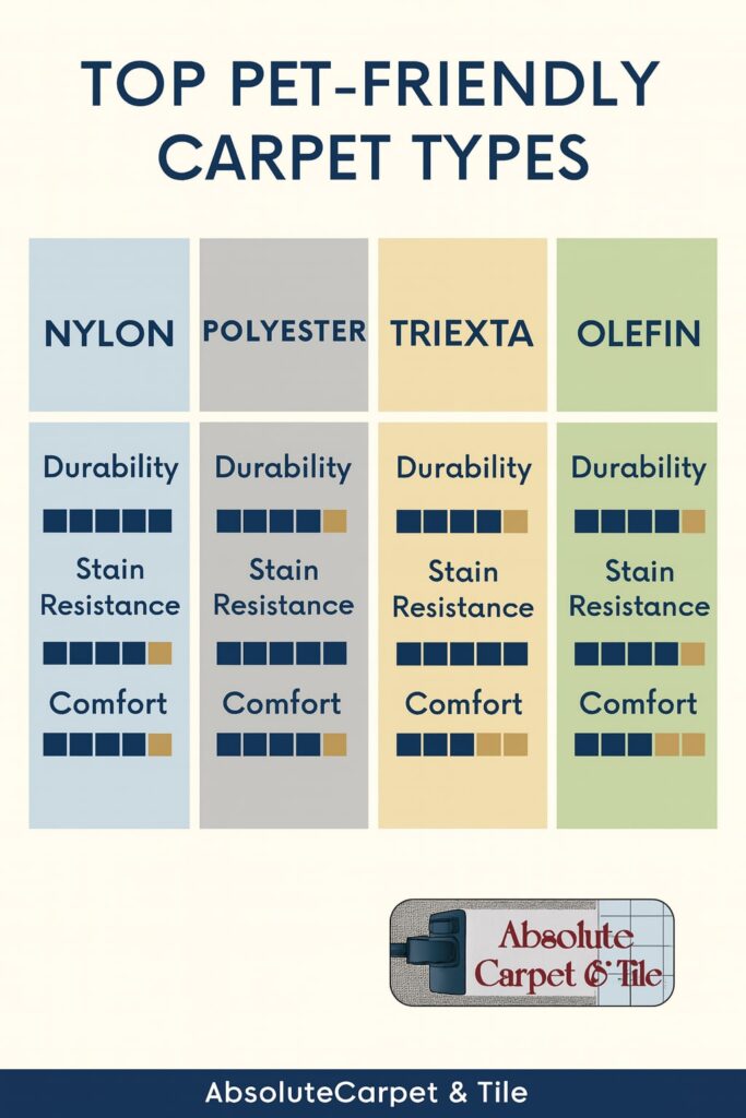 Infographic titled “Top Pet-Friendly Carpet Types for Austin Homes,” showing four columns comparing Nylon, Polyester, Triexta, and Olefin carpets. Each column highlights key benefits such as durability, stain resistance, odor control, and comfort. Background features soft carpet textures in gray and beige tones, with the Absolute Carpet & Tile logo in the corner.
