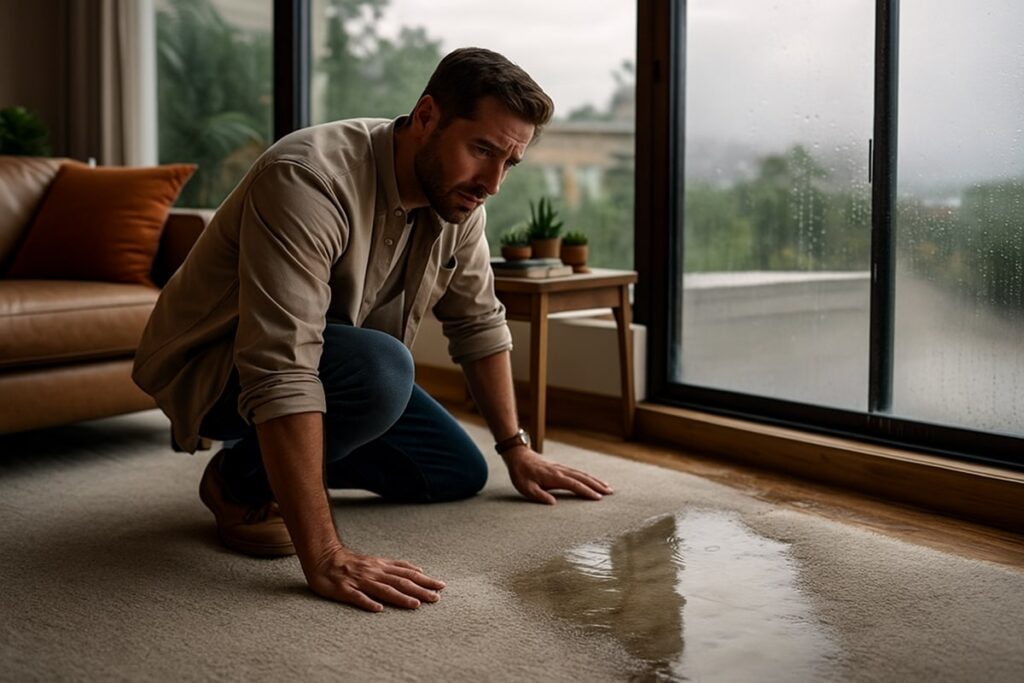 Austin homeowner kneeling on damp carpet near a large window, inspecting water damage and looking concerned in a warm, modern living room with wood accents and potted succulents.