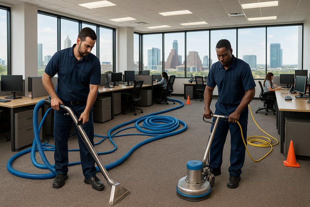 Professional carpet cleaning technicians deep-cleaning an Austin office carpet with commercial equipment under natural light, showing modern workstations and city views.