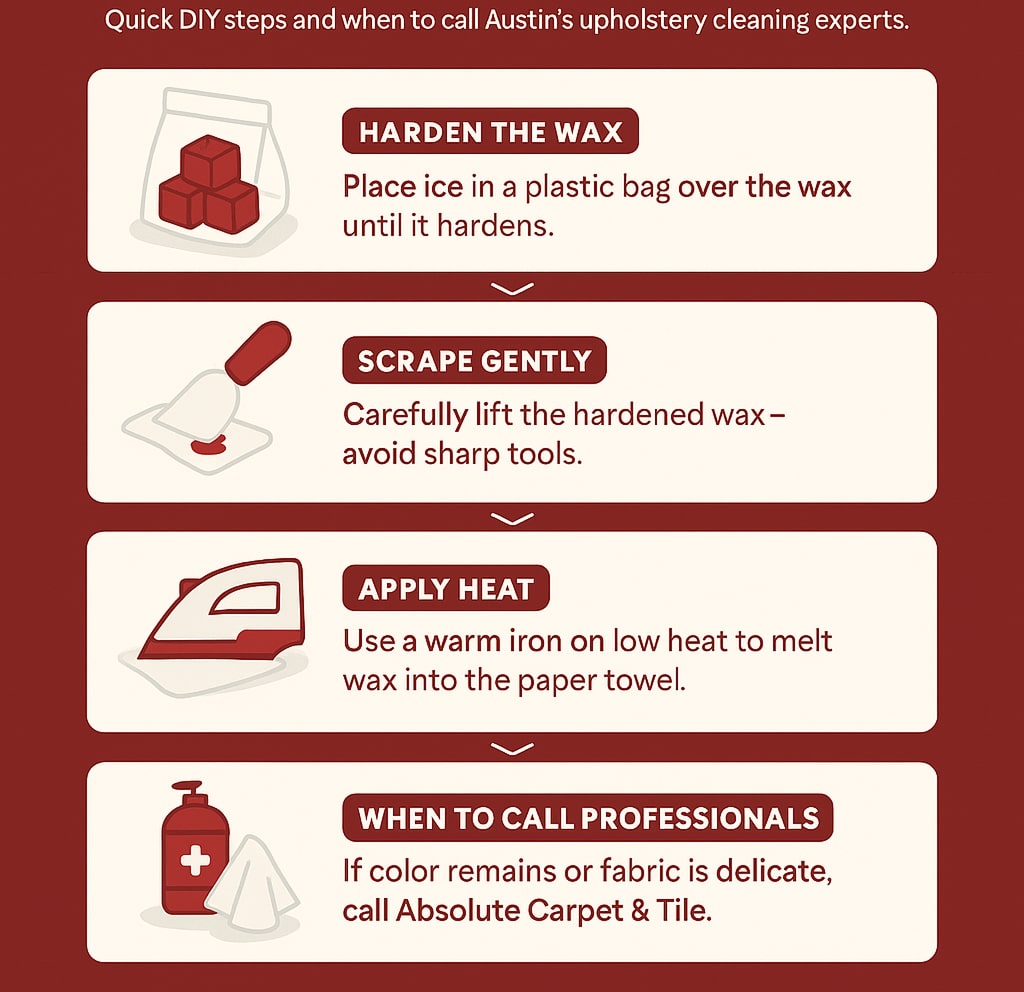 An infographic titled “How to Remove Candle Wax from Upholstery — Step-by-Step Guide” designed in Absolute Carpet & Tile’s colors of deep red (#8E1D1D) and white. It visually illustrates five steps with simple icons: hardening wax with ice, scraping gently with a dull knife, applying heat with an iron and paper towel, cleaning residue with mild soap, and calling professionals for tough stains. The layout features clear typography, red accents for emphasis, and white space for readability.