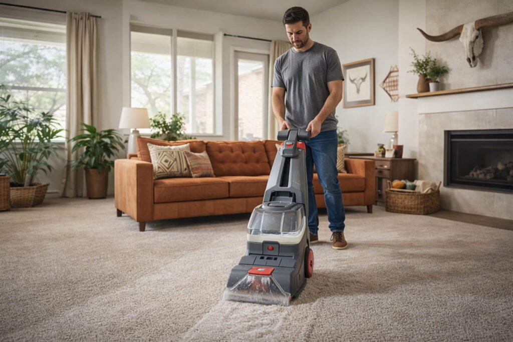 North Austin homeowner using a rented carpet cleaner on a living room carpet, showing slow passes and damp fibers during DIY carpet cleaning.