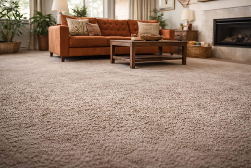 High-traffic carpet area in a North Austin home with worn, flattened fibers showing signs of embedded dirt and wear.