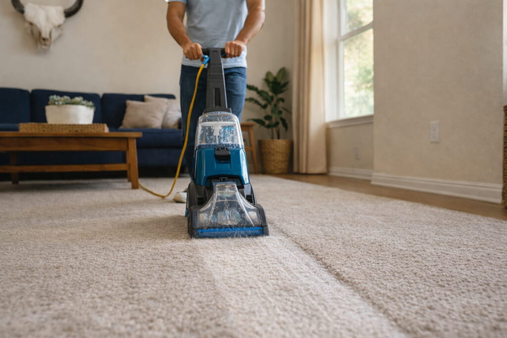 Austin homeowner slowly cleaning a living room carpet with a carpet cleaning machine, showing damp fibers, visible cleaning passes, and a clear water tank in a bright, modern home with plants and Texas-inspired decor.