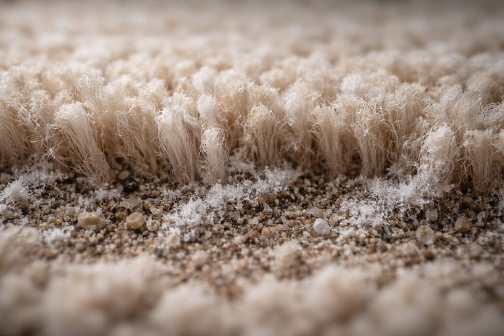 Close-up view of carpet fibers with embedded residue and dirt left behind after DIY carpet cleaning.