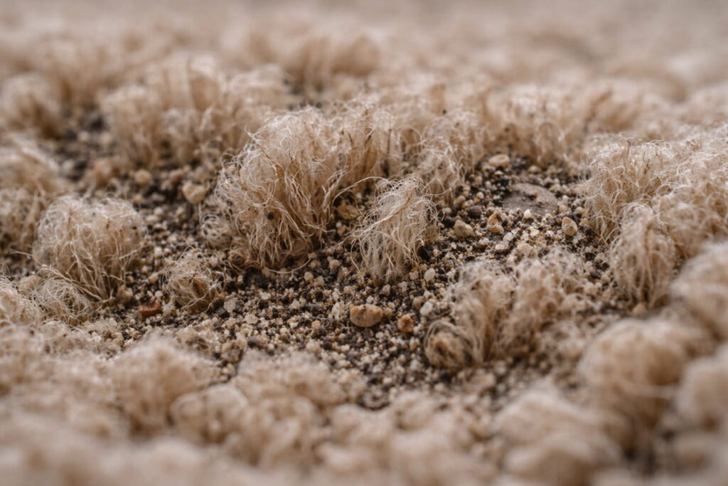 Close-up macro view of carpet fibers with embedded dirt and grit trapped deep in the pile, showing how soil builds up beneath the surface despite regular vacuuming.