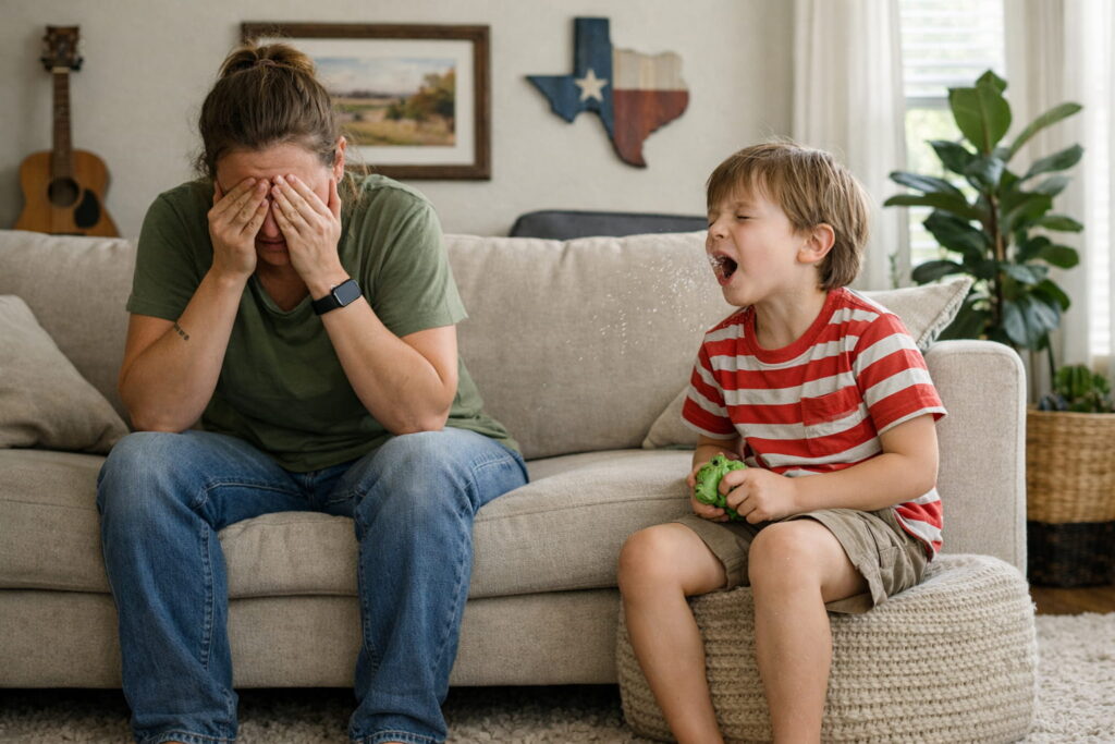 Austin family experiencing allergy symptoms in a carpeted living room.