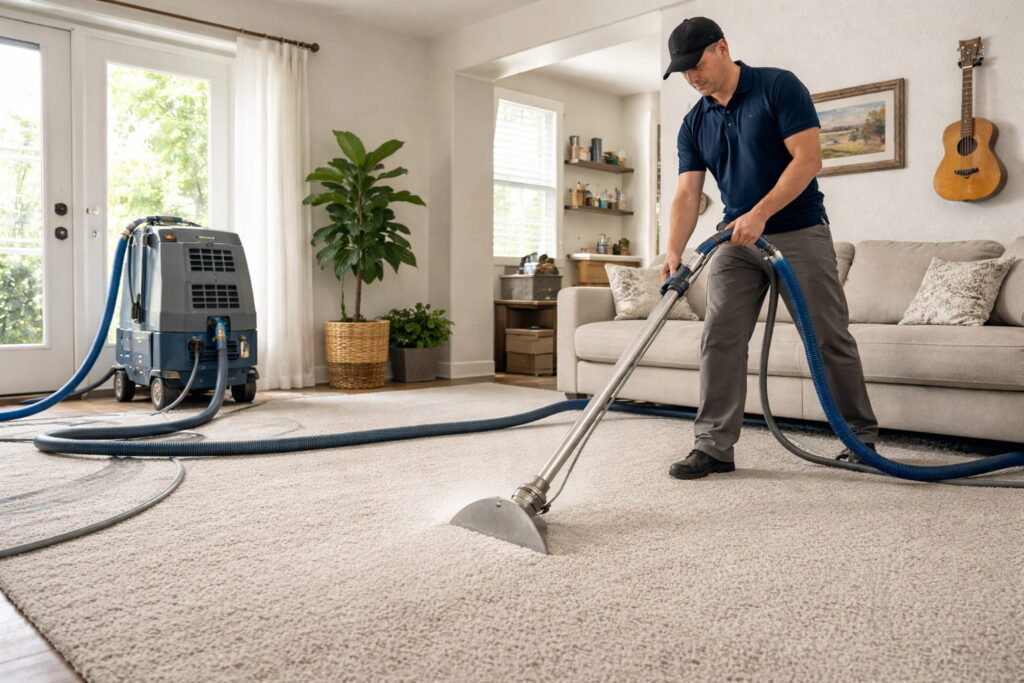Professional hot water extraction cleaning carpet to remove allergens and dust mites.