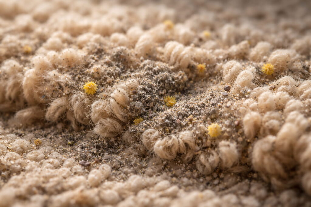 Close-up of carpet fibers with trapped dust, pollen, and allergens.