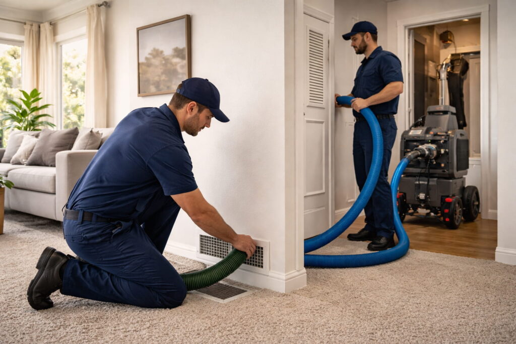 Air duct cleaning service removing dust and allergens from HVAC system in an Austin home.