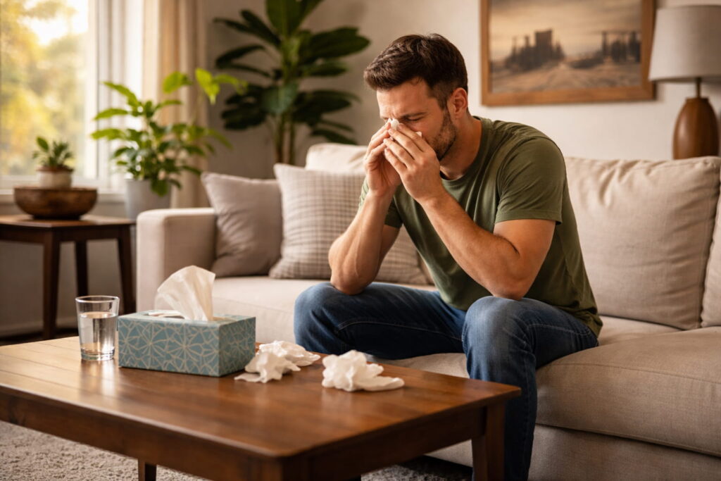 Austin homeowner experiencing seasonal allergy symptoms inside a carpeted living room - is it allergy season