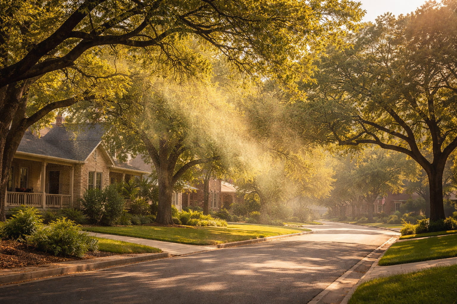 Oak pollen spreading through an Austin neighborhood during peak allergy season - when is allergy season