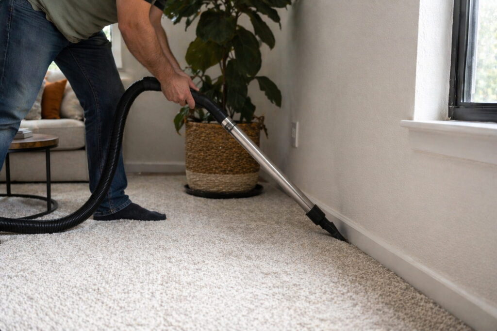Vacuuming carpet edges and baseboards to remove carpet beetles, dust, and debris from hidden areas