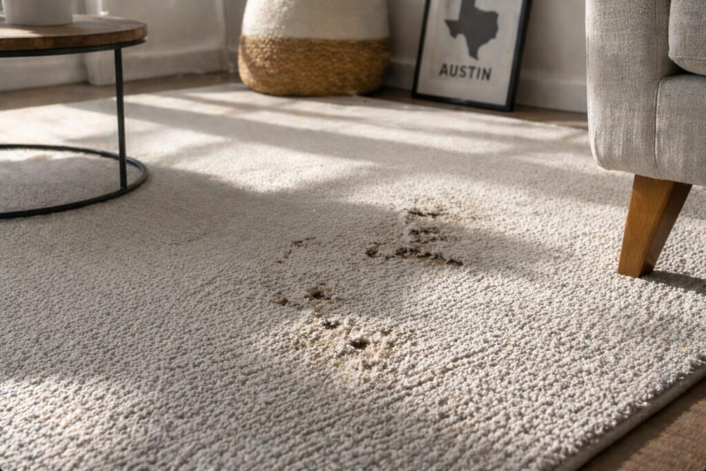Carpet damage with small holes and worn fibers caused by carpet beetle larvae in a home