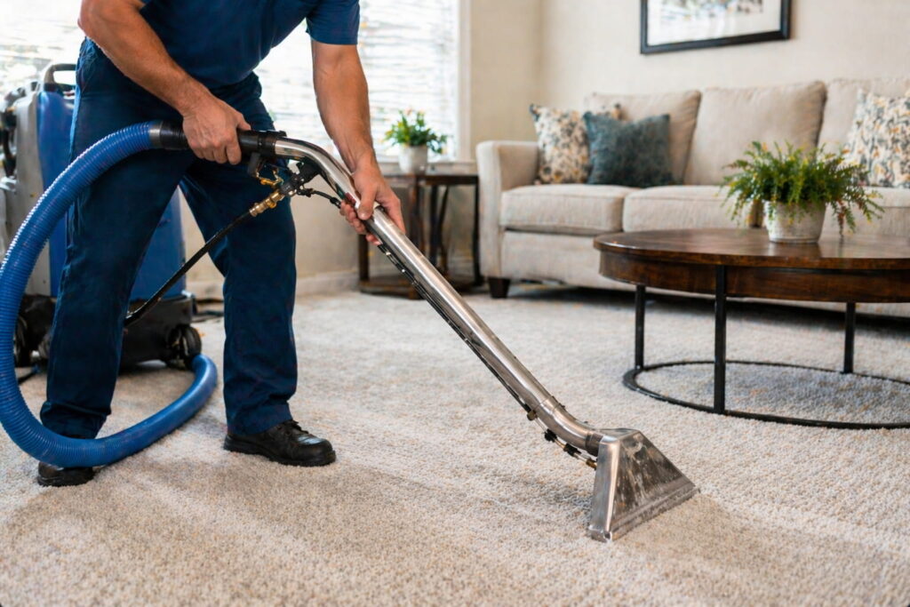 Steam cleaning carpet to remove carpet beetle larvae, deep dirt, and allergens from carpet fibers