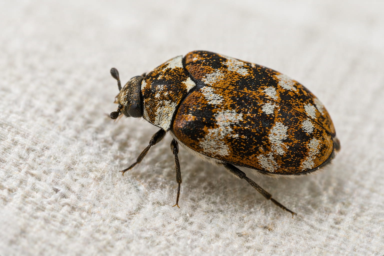 Close-up of a carpet beetle on fabric showing its patterned shell and small oval shape for identification