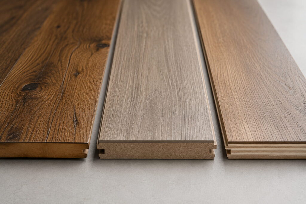 Close-up comparison of hardwood, laminate, and engineered wood flooring textures and finishes