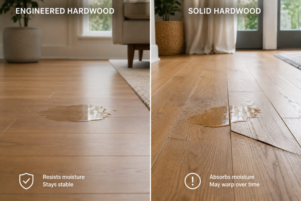 Comparison of engineered hardwood and solid hardwood showing different reactions to moisture exposure