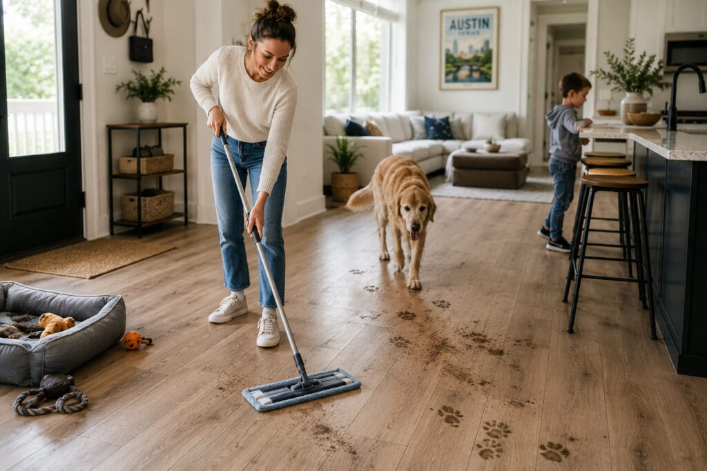 Laminate flooring in a busy Austin home showing easy cleaning in a high-traffic area with pets