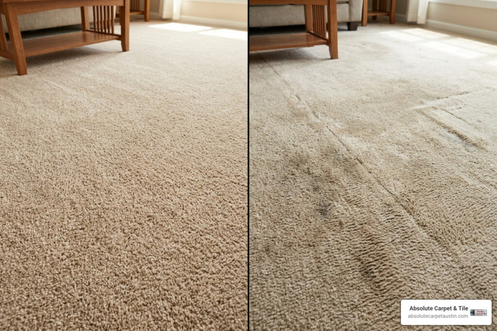 Side-by-side comparison of intact carpet pile and worn, matted carpet